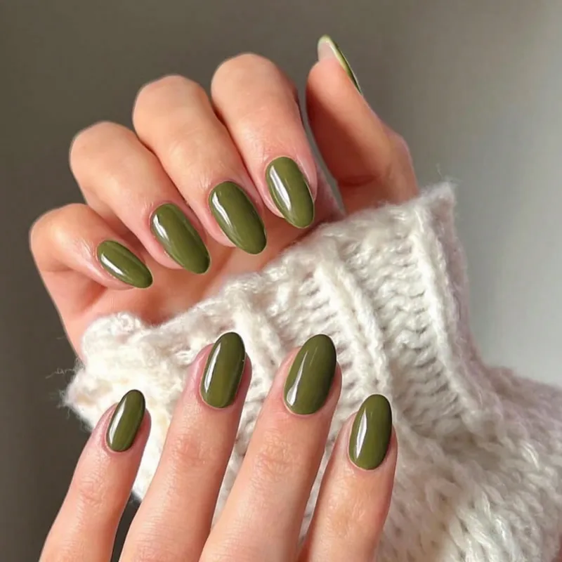 Olive Green Glossy Press-On Nails – Premium Salon Look