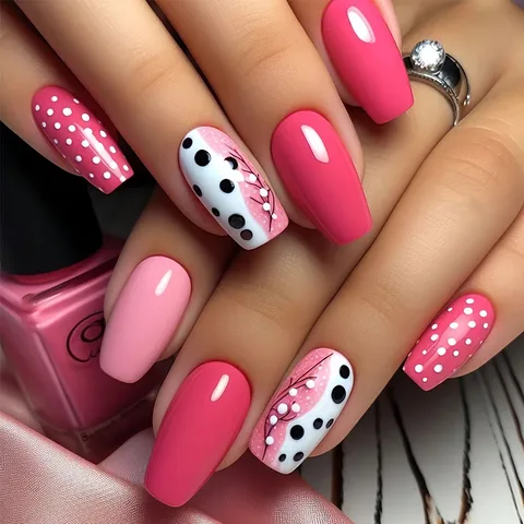 Premium Pink Polka Dot Press-On Nails Set | Glossy Salon Finish False Nails 💅