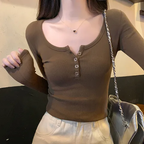 Chic Ribbed Button Front Crop Top for Women | Slim Fit Casual Tee